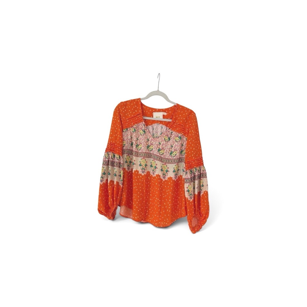 Maeve Anthropologie Orange Mixed Floral Balloon Sleeve Blouse V-Neck Top Medium‎
